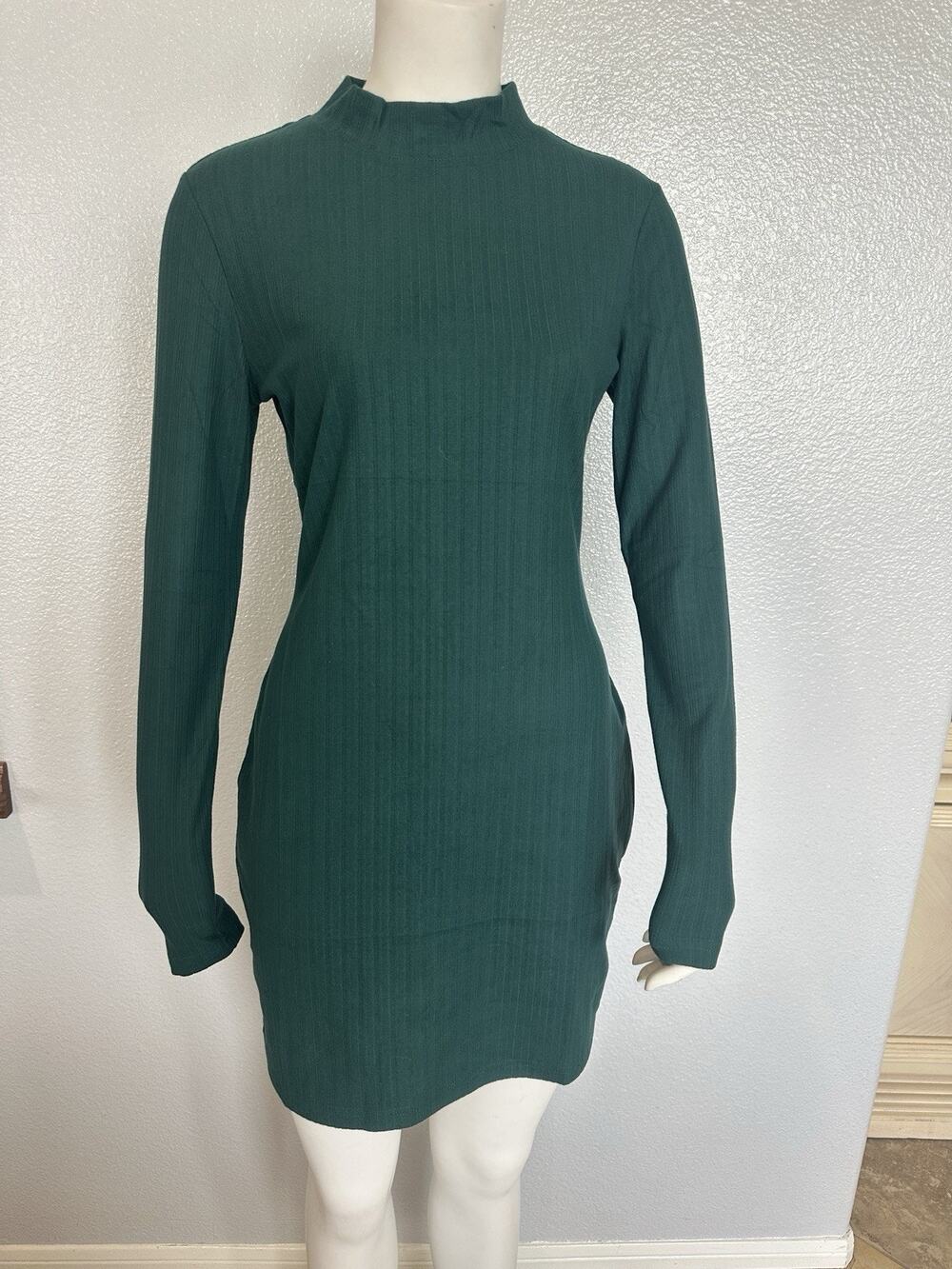Neck Side-Ribbed Sweater Dress-True Emerald-Size S